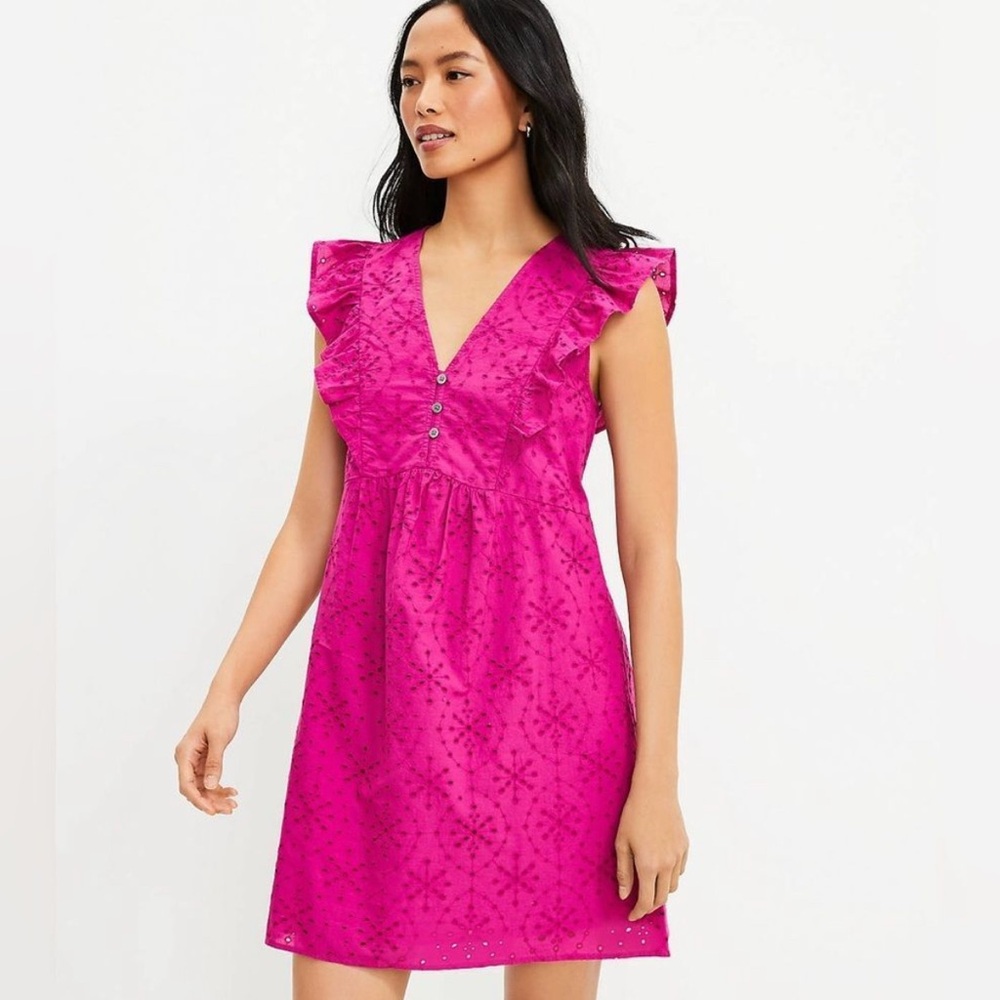 Loft women’s fuchsia colored Eyelet Button Ruffle Swing Dress size S